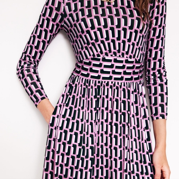 NWT Boden Thea Long Sleeve Jersey Dress Sherbert Falling Geo Pink Green Size 6 - Picture 2 of 13